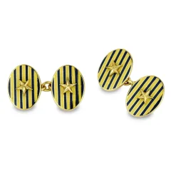 18ct Yellow Gold Cufflinks With Blue Stripe And Gold Star Centre