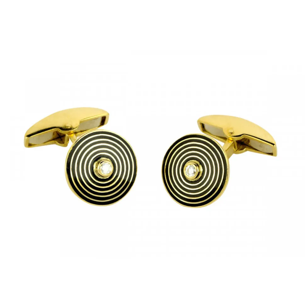18ct Yellow Gold Cufflinks with Black Stripe and Diamond Centre