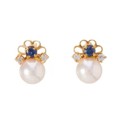 18ct Yellow Gold Cultured Pearl, Sapphire And Diamond Earrings