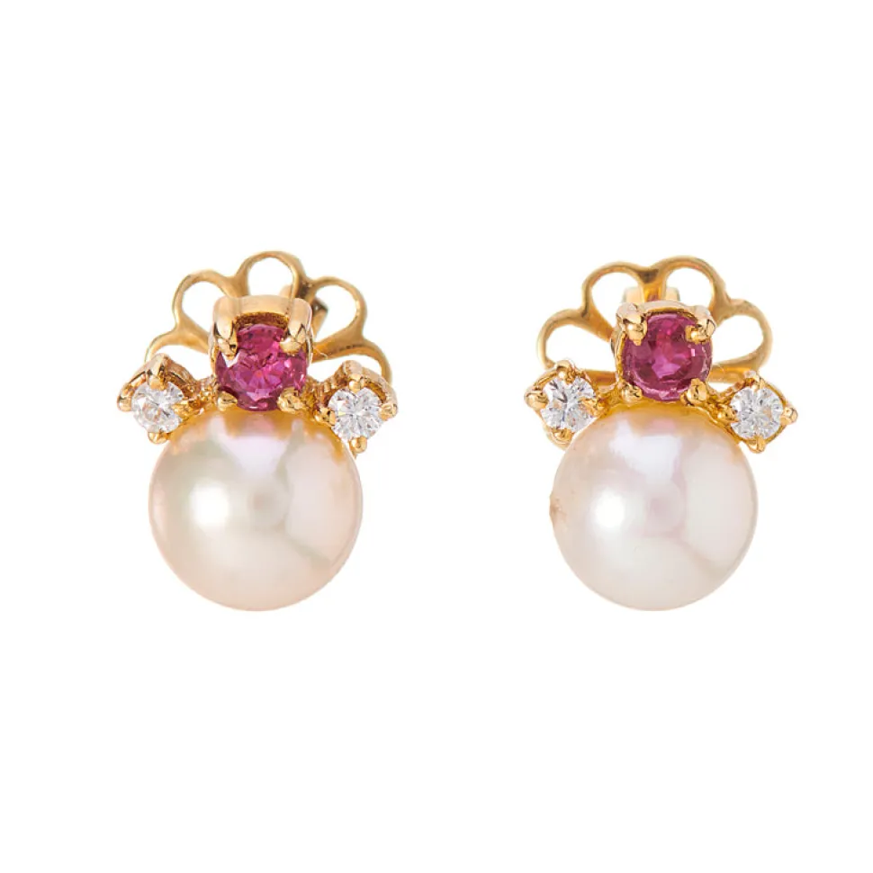 18ct Yellow Gold Cultured Pearl, Ruby And Diamond Earrings