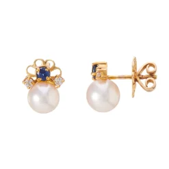 18ct Yellow Gold Cultured Pearl, Sapphire And Diamond Earrings
