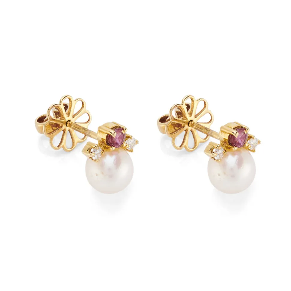 18ct Yellow Gold Cultured Pearl, Ruby And Diamond Earrings