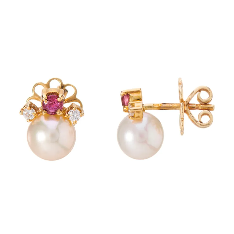 18ct Yellow Gold Cultured Pearl, Ruby And Diamond Earrings