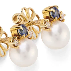 18ct Yellow Gold Cultured Pearl, Sapphire And Diamond Earrings