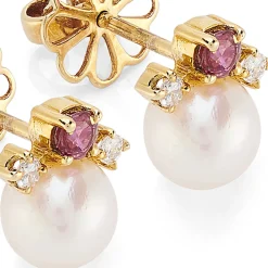 18ct Yellow Gold Cultured Pearl, Ruby And Diamond Earrings