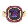 18ct Yellow Gold Cushion Shape Amethyst Ring With Ruby Border