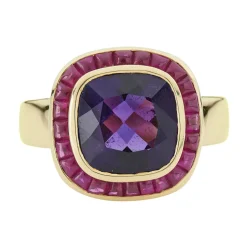 18ct Yellow Gold Cushion Shape Amethyst Ring With Ruby Border