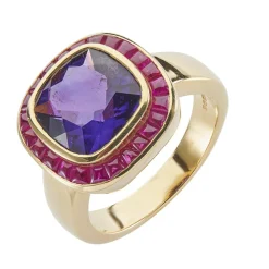 18ct Yellow Gold Cushion Shape Amethyst Ring With Ruby Border