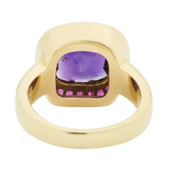 18ct Yellow Gold Cushion Shape Amethyst Ring With Ruby Border