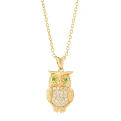 18ct Yellow Gold Diamond Owl Pendant With Green Tsavorite Eyes