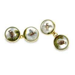 18ct Yellow Gold Hand Painted Rock Crystal Owl Cufflinks With Chain Li