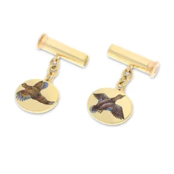 18ct Yellow Gold Hand-Painted Flying Bird Cufflinks With Cartridge Fit