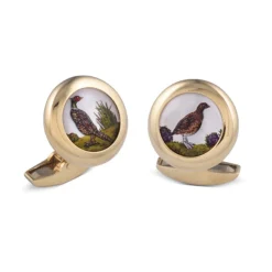 18ct Yellow Gold Hand-Painted Rock Crystal Grouse And Pheasant Cufflin