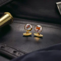 18ct Yellow Gold Hand-Painted Rock Crystal Fox And Hunter Cufflinks