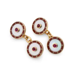 9ct Yellow Gold Mother Of Pearl Chain Link Cufflinks With Red Enamel B