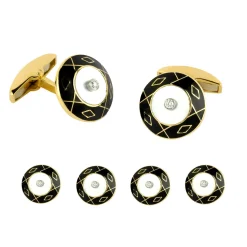 18ct Yellow Gold Mother of Pearl, Enamel and Diamond Round Dress Set