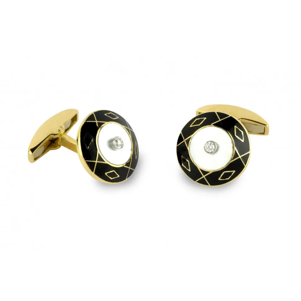 18ct Yellow Gold Mother of Pearl, Enamel and Diamond Round Dress Set