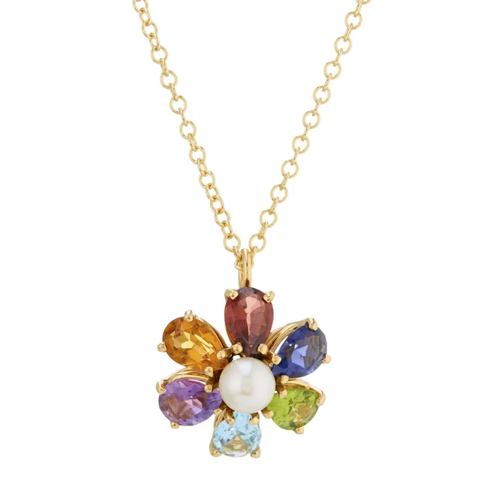 18ct Yellow Gold Multi-Gem Flower Pendant
