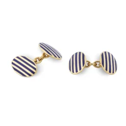 9ct Yellow Gold Navy Blue Enamel Stripe Cufflinks With Chain Link