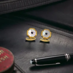 18ct Yellow Gold Octagonal Cufflinks with Mother-of-Pearl and Sapphire