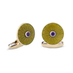 18ct Yellow Gold Olive Green Enamel Cufflinks With Amethyst Centre