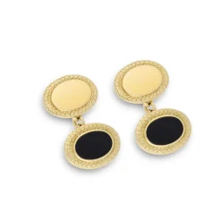 18ct Yellow Gold Onyx And Wreath Boarder Chain Link Cufflinks