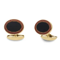 18ct Yellow Gold Onyx Cufflinks With Red Enamel Border