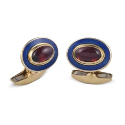 18ct Yellow Gold Oval Garnet Cufflinks With Blue Enamel Border