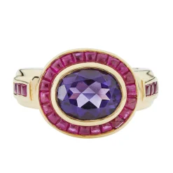18ct Yellow Gold Oval Shape Amethyst Ring With Ruby Border And Shoulde