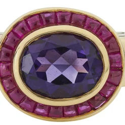 18ct Yellow Gold Oval Shape Amethyst Ring With Ruby Border And Shoulde