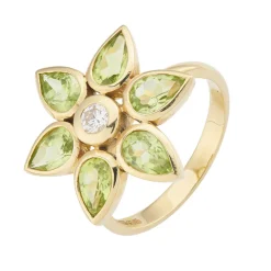 18ct Yellow Gold Peridot And Diamond Petal Cluster Ring
