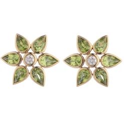 18ct Yellow Gold Peridot and Diamond Large Cluster Earrings