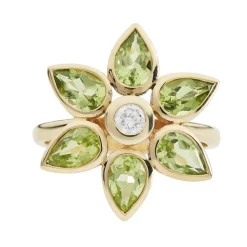 18ct Yellow Gold Peridot And Diamond Petal Cluster Ring