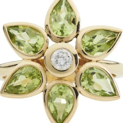18ct Yellow Gold Peridot And Diamond Petal Cluster Ring
