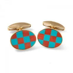 18ct Yellow Gold Precious Gemstone Checkerboard Cufflinks in Coral & T