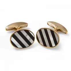 18ct Yellow Gold Precious Gemstone Striped Cufflinks in Mother-of-Pear
