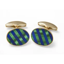 18ct Yellow Gold Precious Gemstone Striped Cufflinks in Malachite and