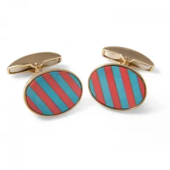 18ct Yellow Gold Precious Gemstone Striped Cufflinks in Coral & Turquo