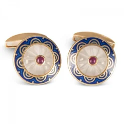 18ct Yellow Gold Round Cufflinks with Fancy Blue Border & Crystal and