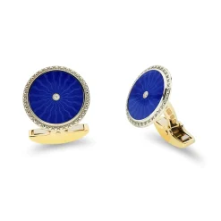 9ct Yellow Gold Round Cufflinks With Royal Blue Enamel & Diamond Centr