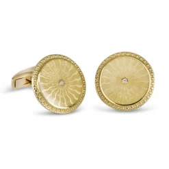 18ct Yellow Gold Round Cufflinks with Clear Enamel & Diamond Centre