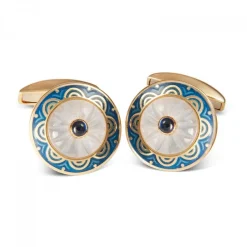 18ct Yellow Gold Round Cufflinks with Blue Border & Crystal and Sapphi