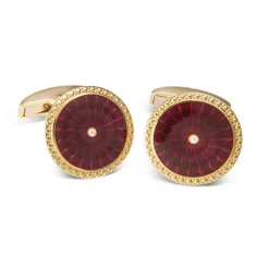 18ct Yellow Gold Round Cufflinks with Red Enamel & Diamond Centre