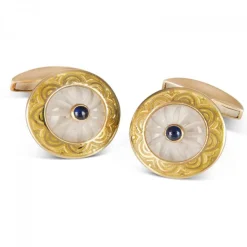 18ct Yellow Gold Round Cufflinks with Gold Enamel Border & Crystal and