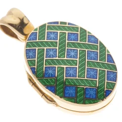 18ct Yellow Gold Royal Blue And Dark Green Enamel Pattern Locket
