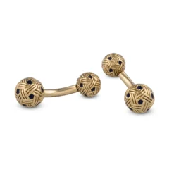 18ct Yellow Gold Woven Ball Bar Cufflinks With Blue Enamel Detail