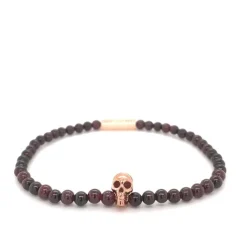 Garnet Bead Stretch Bracelet with Rose Gold Plate Skull