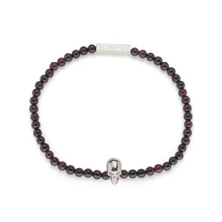 Garnet Bead Stretch Bracelet With Sterling Silver Skull