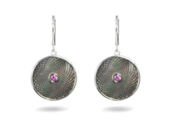 Grey Mother of Pearl Dreamcatcher Earrings with Pink Sapphire Gem