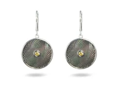 Grey Mother-of-Pearl Dreamcatcher Earrings with Yellow Sapphire Gem